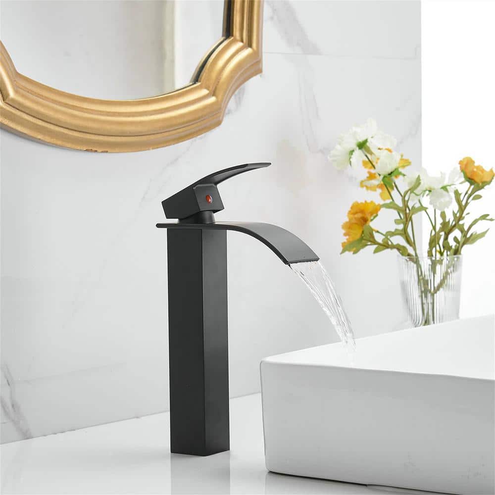 Matte Black Modern Waterfall Vessel Sink Faucet with Pop-Up Drain