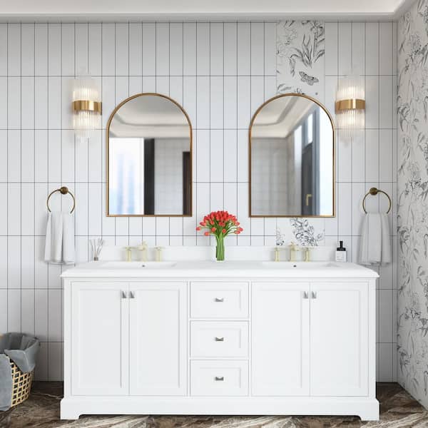 Unbranded 73 in. W x 22 in. D x 41 in. H Double Sink Freestanding Bath Vanity in White with White Marble Top