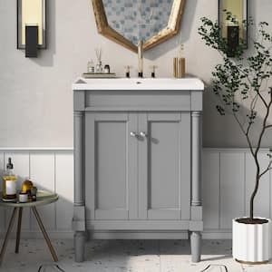 24 in. W x 18 in. D x 34 in. H Single Sink Freestanding Bathroom Vanity in Grey with White Resin Top
