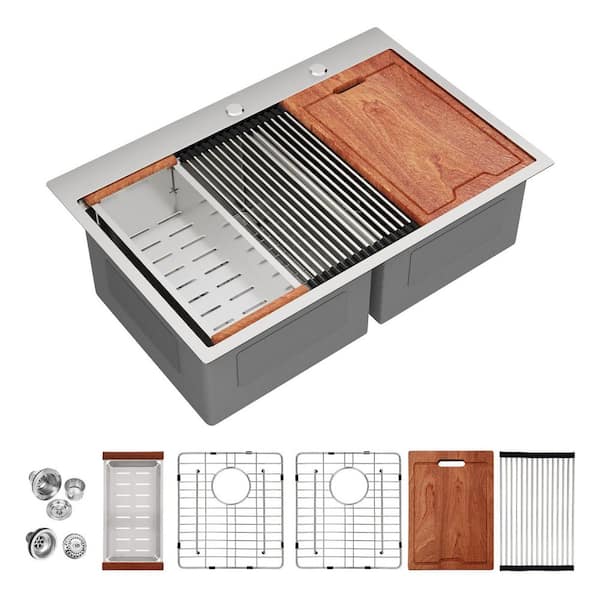 33 in. Drop-In 50/50 Double Bowl 16 Gauge Stainless Steel Workstation Kitchen Sink with Bottom Grid and Strainer Drain