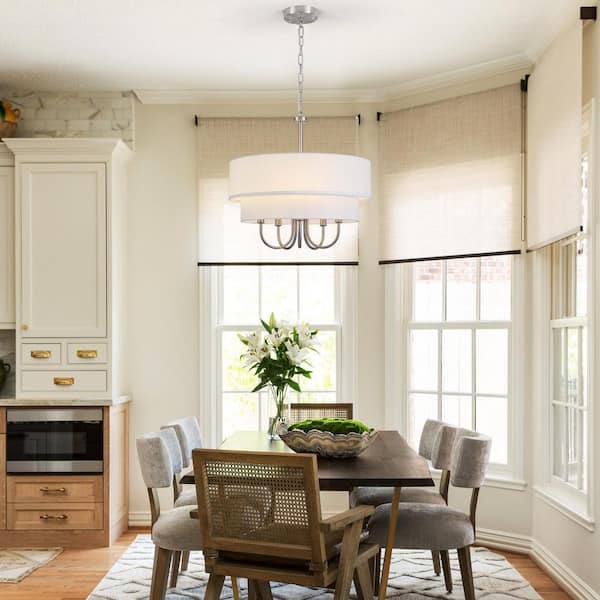 5-Light Drum Nickel Pendant Design Hanging Linear Chandelier Lighting Fixture with Cloth Cover for Kitchen Island