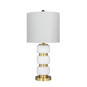 26 in. Smooth, Stacked Glass and Metal Table Lamp in a Antique Brass and White