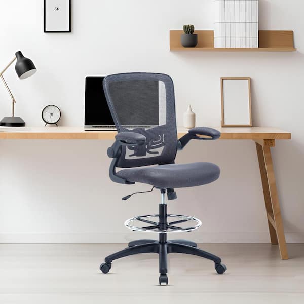 HOMESTOCK Gray High Desk Ergonomic Drafting Tall Office Chair for Standing Desk with Flip-Up Arms, Breathable Mesh