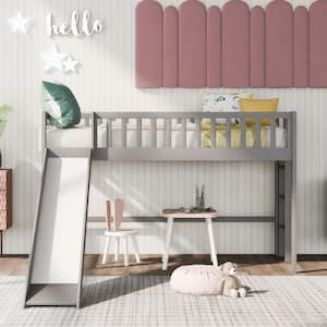 Gray Modern Twin Size Low Loft Bed with Slide, Wood Kids Loft Bed Frame with Ladder and Rails, No Box Spring Needed