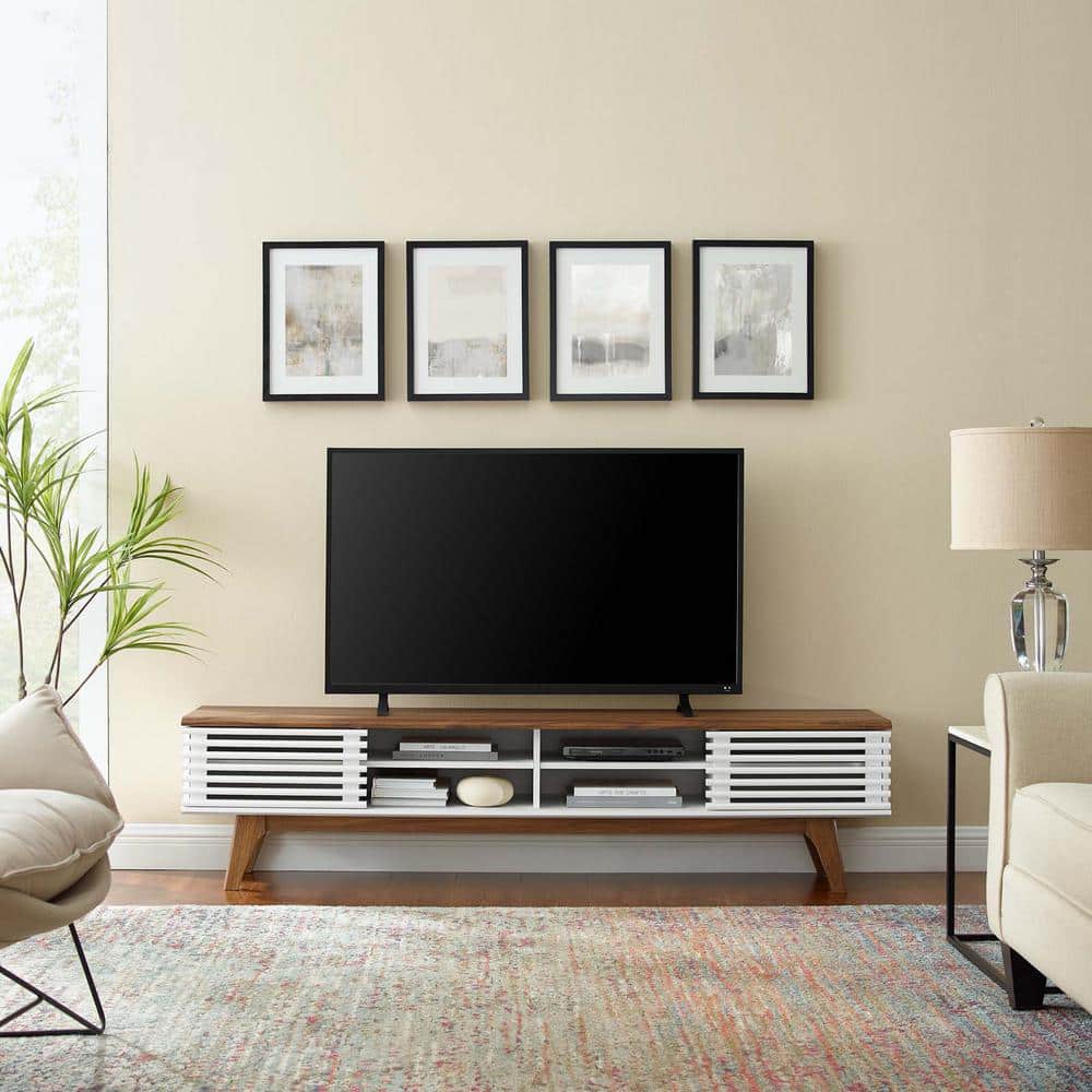 Walnut and White Mid-Century Modern 70" TV Stand with Sliding Doors