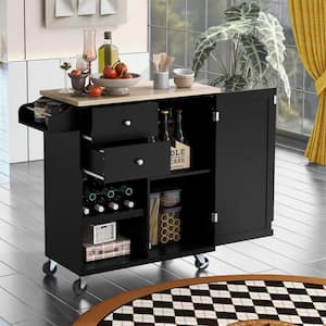 Black Rubber Wood Top 41.3 in. W Kitchen Island on 4-Wheels with Spice Rack and Towel Rack