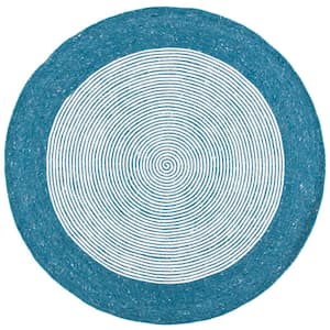 Braided Teal Ivory 5 ft. x 5 ft. Border Striped Round Area Rug