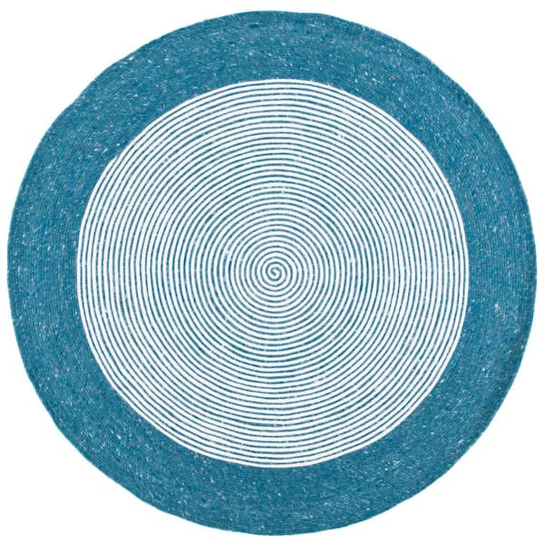 SAFAVIEH Braided Teal Ivory 5 ft. x 5 ft. Border Striped Round Area Rug