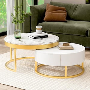 31.50 in. White/Gold Round MDF Top Nesting Coffee Table with Drawers