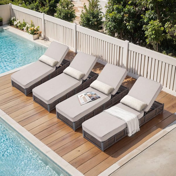 Moonluxe Brown 4-Piece Wicker Outdoor Chaise Lounge with 5 In. Thick Olefin Beige Cushions Patio Lounge Chair