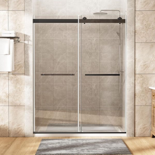 60 in. W x 75 in. H Double Sliding Frameless Shower Door in Matte Black with Tempered Glass, Double Buffer Soft-Closing