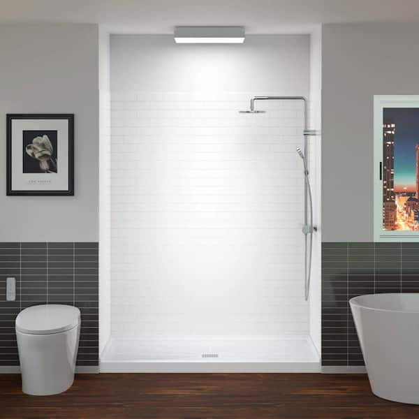 60 in. L x 36 in. W x 75 in. H 4-Pieces Alcove Shower Kit with Glue Up Shower Wall and Shower Pan in White/White-BN