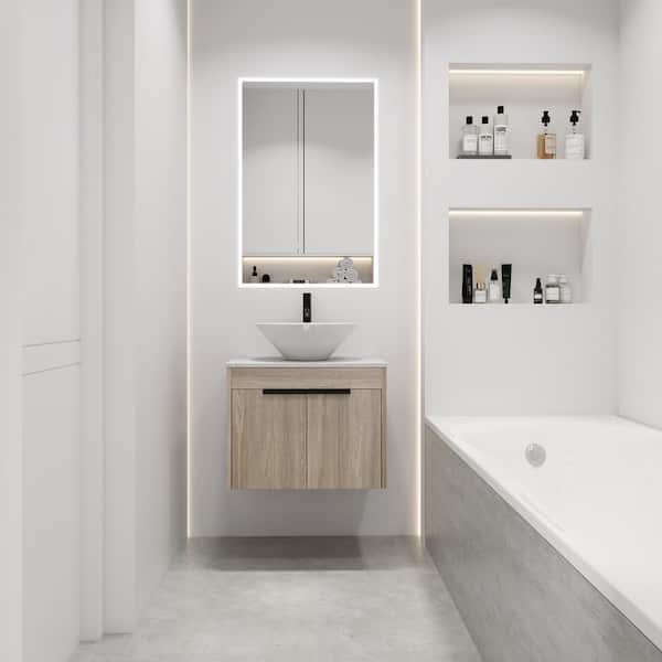 Unbranded 24 in. W x 19 in. D x 24 in. H Single Sink Floating Bath Vanity in White Oak with White Ceramic Top