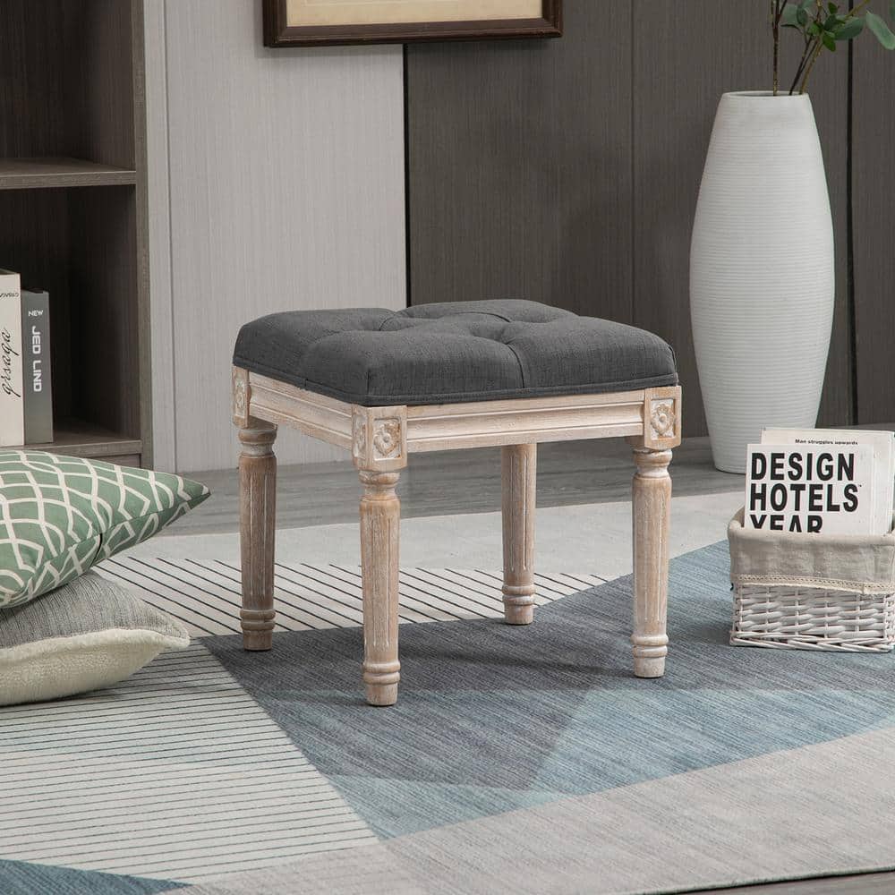 Vintage Grey Linen Tufted 54cm Lightweight Footstool