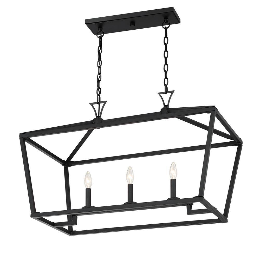 Matte Black 3-Light Linear Chandelier with Open Lantern Design