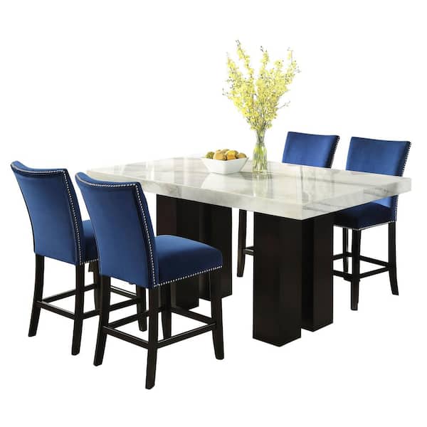 Steve Silver Camila White Marble 70 in. Rectangle Counter Height Dining Set 5-Pieces with Blue Velvet Upholstered Side Chair