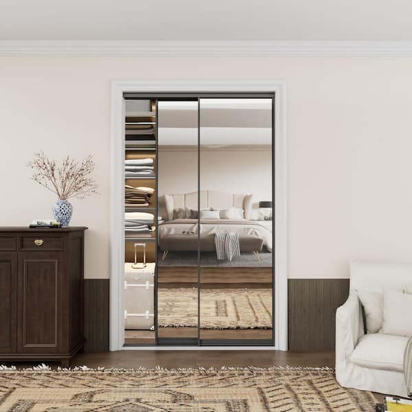 48 in. x 80 in. 1-Lite Black Mirrored Glass and Aluminum Frame Finished Closet Sliding Door with Hardware Kit