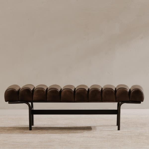NADAAL STUDIOS Adler Dark Brown 54.75 in. Leather Bench with Iron Frame and Protective Glides