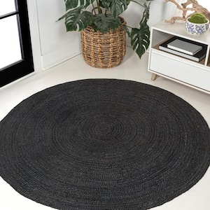 Zara Braided Coastal Cottage Round Jute Black 4 ft. Round Area Rug