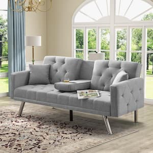 Gray 75.59 in. Linen Arm Chair Futon Sofa Bed Convertible Sleeper Reclining Couch with Cup Holder Metal Legs