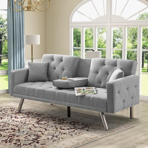 Mydepot Gray 75.59 in. Linen Arm Chair Futon Sofa Bed Convertible Sleeper Reclining Couch with Cup Holder Metal Legs