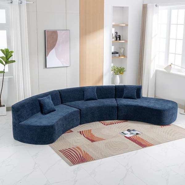 Harper & Bright Designs 136.6 in. Stylish Curved Chenille Modern Sectional Sofa in Blue with 3-Throw Pillows, No Assembly Required
