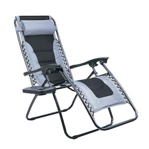 Black Metal Outdoor Patio Adjustable Recliner Black and Grey Padded Folding Zero Gravity Chair with Cup Holder