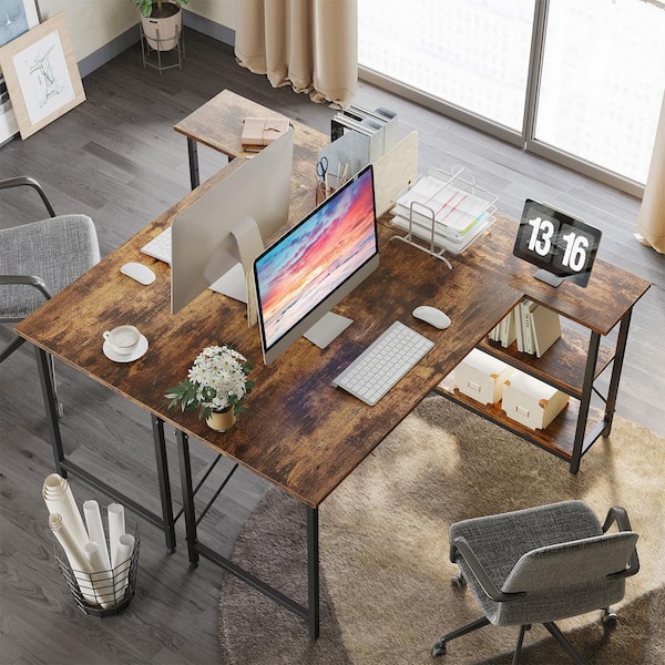 55 in. L-Shaped Rustic Brown Desk with Adjustable Shelves