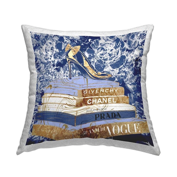 Designer Glitz Heel on Books Fashion Glam Blue Printed Pillow Blue Square Outdoor Throw Pillow