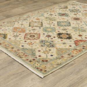 Lillian Beige/Multi-Colored 10 ft. x 13 ft. Oriental Floral Wool/Nylon Blend Fringed-Edge Indoor Area Rug