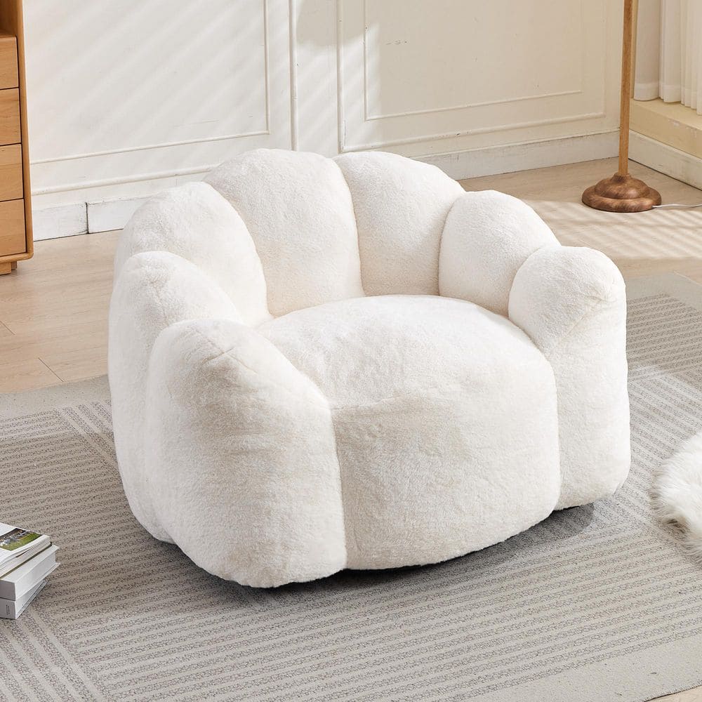 White Faux Fur Antifouling Fabric Lotus Type Compression Bean Bag Sofa with Pull Ring