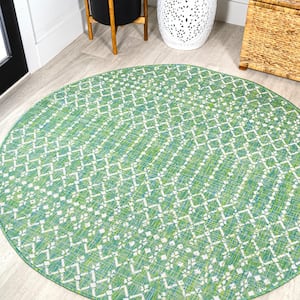 Ourika Moroccan Geometric Textured Weave Ivory/Green 5 ft. Round Indoor/Outdoor Area Rug