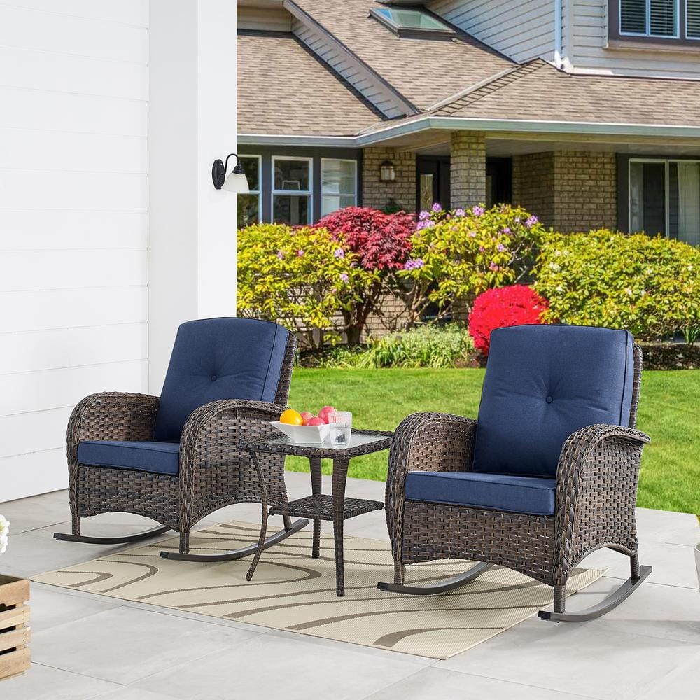 Pocassy 3-Piece Brown Wicker Patio Conversation Set with Blue Cushions ...