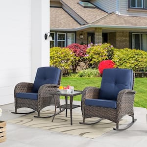 3-Piece Brown Wicker Patio Conversation Set with Blue Cushions and Coffee Table Flat Handrail Rocking Chairs