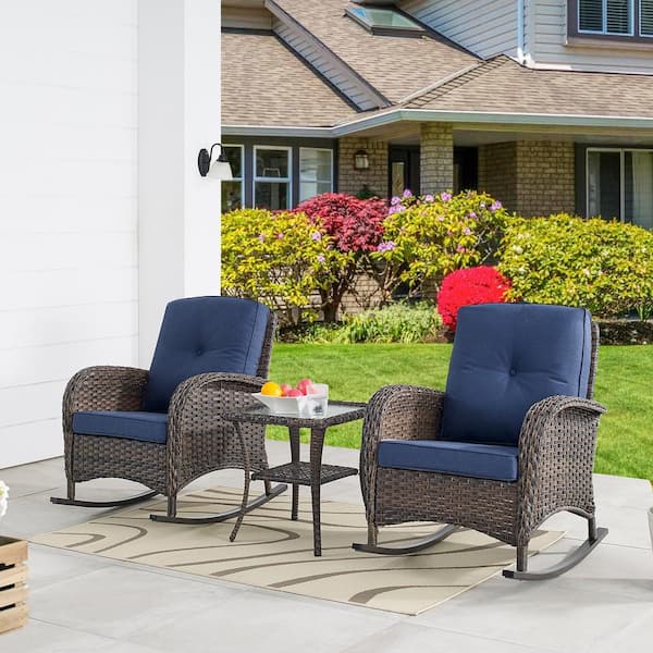 Pocassy 3-Piece Brown Wicker Patio Conversation Set with Blue Cushions and Coffee Table Flat Handrail Rocking Chairs