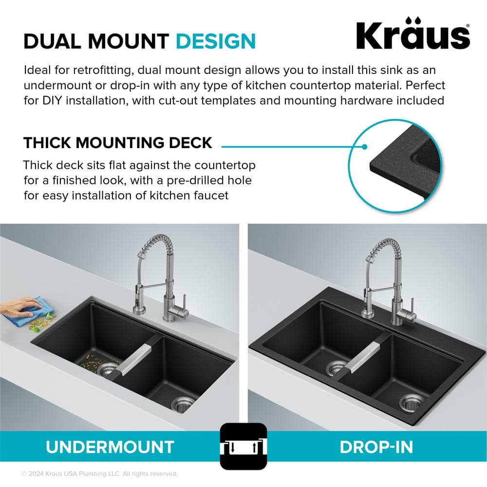 33-Inch Black Granite Double Bowl Drop-In Kitchen Sink