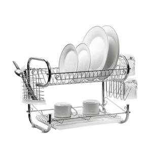 18 in. Chrome Stainless Steel 2-Tier Dish Rack with Utensil and Cutting Board Holder for Kitchen Counter