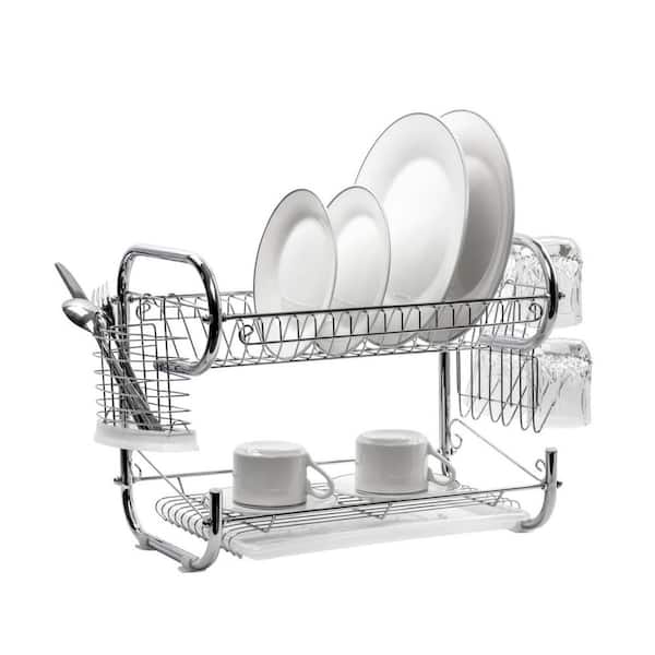 Chrome Dish Drainer With Caddy Kitchen Plates Storage Organizer Cutlery Holder 