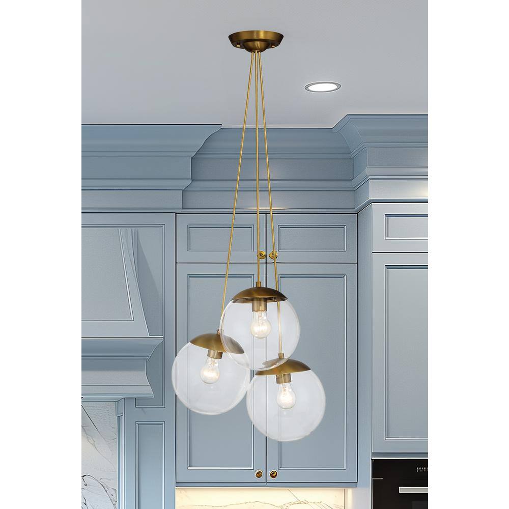 Soft Brass and Clear Glass 3-Light Globe Pendant