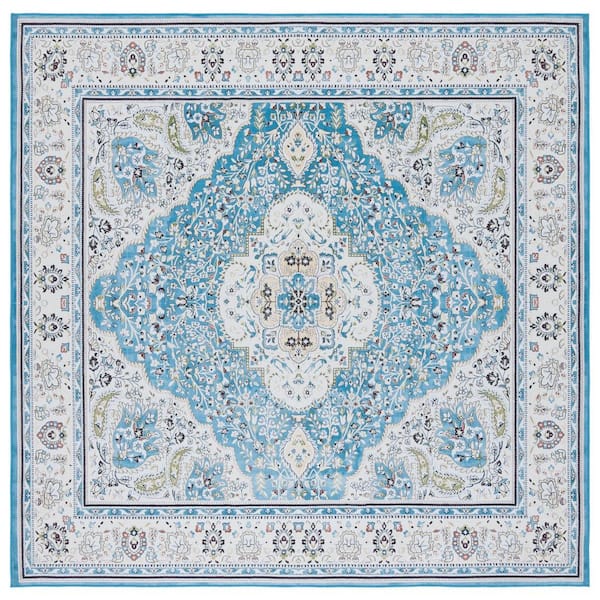 SAFAVIEH Tuscon Turquoise/Beige 6 ft. x 6 ft. Machine Washable Floral Border Square Area Rug