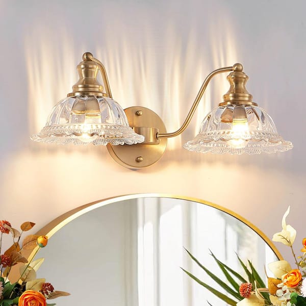 20 in. 2-Light Gold Classic Traditional Bathroom Vanity Light Fixture with Clear Glass Shades
