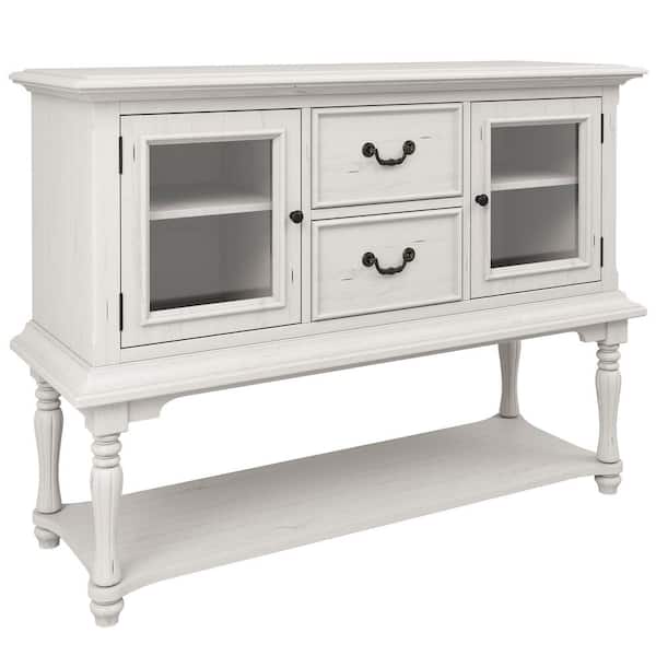 aisword 52 in. Antique White Retro Console Table Solid Wood Legs with 2-Drawers 2-Glass Doors and Bottom Shelf