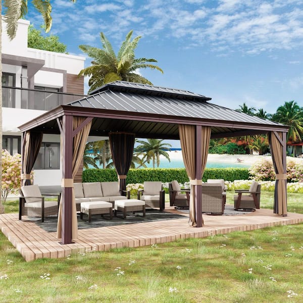 12 ft. x 18 ft. Aluminum Outdoor Gazebo with Double Galvanized Steel Roof, Ceiling Hook, Mosquito Netting and Curtains