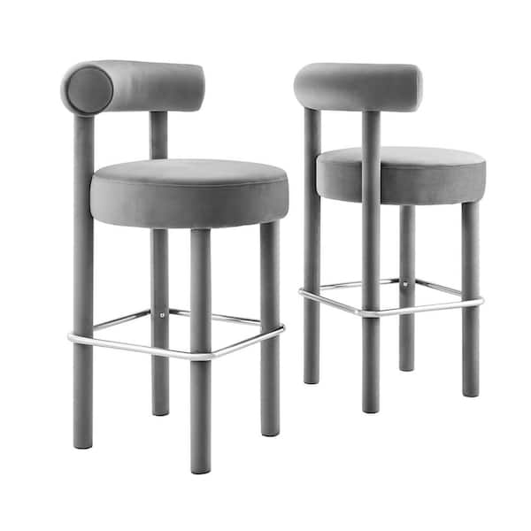 MODWAY Toulouse 30 in. in Gray Silver Wood Performance Velvet Bar Stool - Set of 2