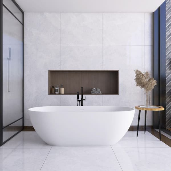JimsMaison 69 in. x 29.5 in. Stone Resin Freestanding Flatbottom Soaking Bathtub with Center Drain in Matte White