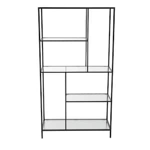 58 in. Tall Black Metal Stationary Shelving Unit Bookcase with Clear Glass Shelves