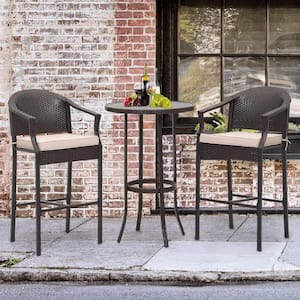 3 Piece Black Frame Wicker Outdoor Bistro Set, with Beige Cushions and Round Top Coffee Table, for Garden Poolside