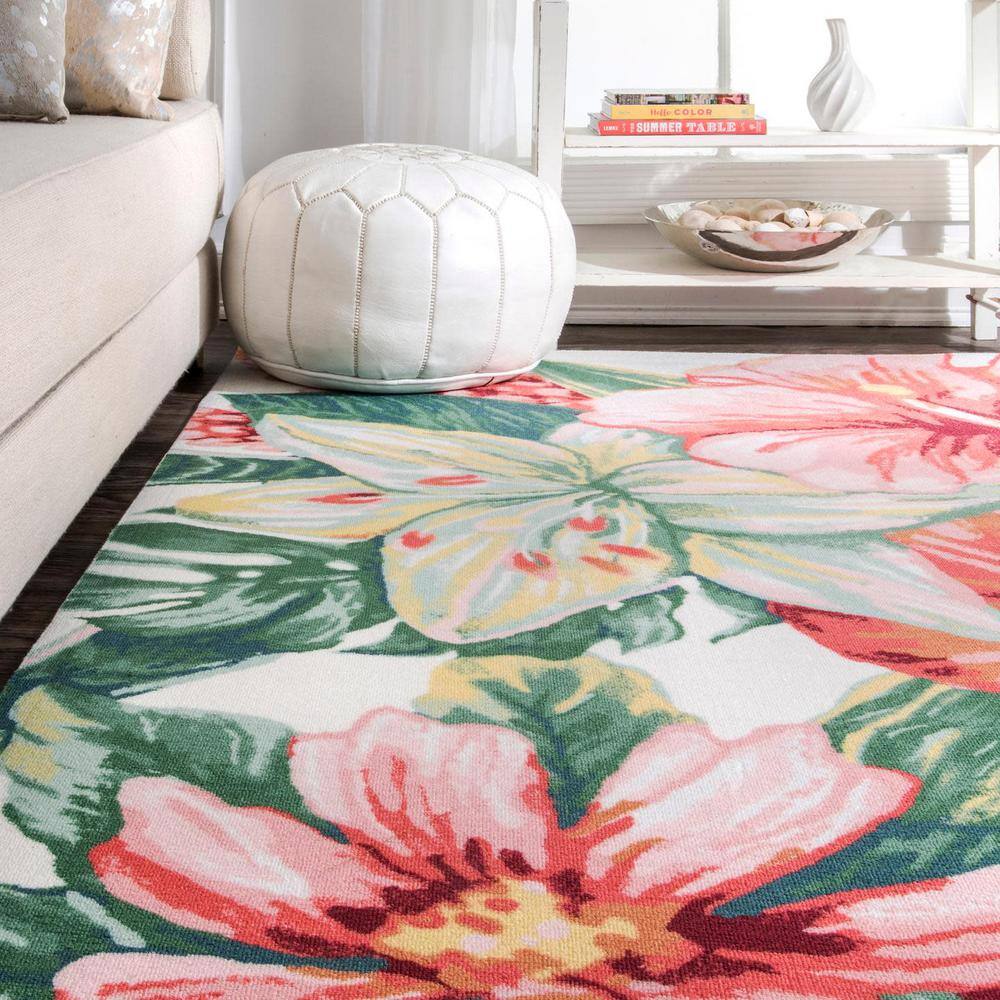 Multicolor Tropical Floral 49" Round Synthetic Indoor/Outdoor Rug