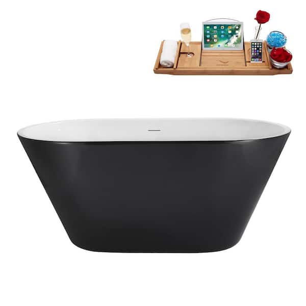 54 in. x 30 in. Acrylic Freestanding Soaking Bathtub in Glossy Black with Brushed Gold Drain