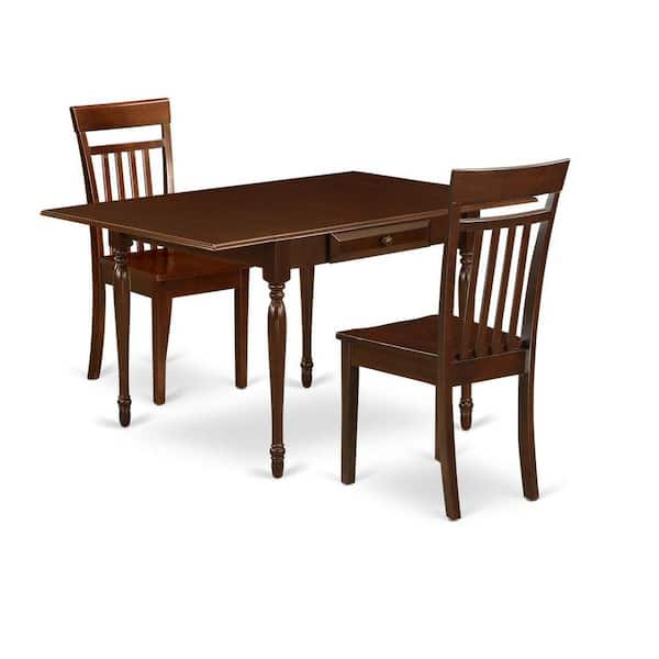 East West Furniture 3-Piece Mahogany Finish Solid Wood Top With Dropleaf Dining Table Set